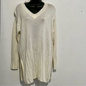 Vtg 80s 90s Spiegel Oversized V Neck Ivory Split Hem Ribbed Shine Sweater M
